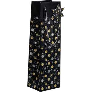 Geschenktasche Flasche - schwarz/silber/gold - Sterne 10 x 35 x 8 cm