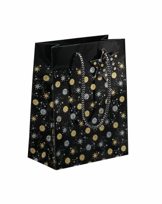 SIGEL GT029 Geschenktasche SIGEL klein - schwarz/silber/gold - Sterne - mit Bodeneinlage, Geschenkanhänger und farblich abgestimmten Tragekordeln - Glanzkarton, Kunststoff - 17 x 23 x 9 cm