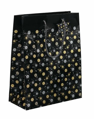 SIGEL GT028 Geschenktasche SIGEL groß - schwarz/silber/gold - Sterne - mit Bodeneinlage, Geschenkanhänger und farblich abgestimmten Tragekordeln - Glanzkarton, Kunststoff - 26 x 33 x 12 cm