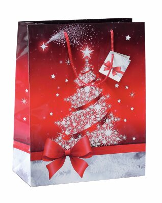 SIGEL GT022 Geschenktasche SIGEL groß - rot/silber - Weihnachtsbaum - mit Bodeneinlage, Geschenkanhänger und farblich abgestimmten Tragekordeln - Glanzkarton, Kunststoff - 26 x 33 x 12 cm