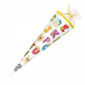 Schultüte ABC 85 cm 6-eckig, Verschluss aus Tüll, Textilborte