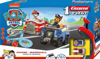 Carrera First Rennbahn Paw Patrol RaceN Rescue - Autorennbahn Preliminary,4x AA Batterien (C) erforderlich - kabelgebunden, ab 3 Jahren