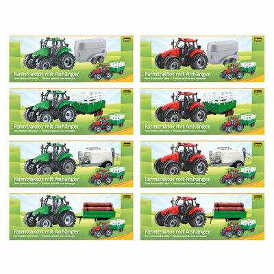 Traktor mit Anhänger rot und grün Sortiert, - 4 Verschiedene Anhänger, mit Freilauf, aufklappbarer - Motorhaube & beweglichen Anhängerteilen - (Die Cast)