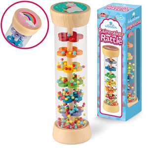 Hölzerne Regenrassel 19cm 2fach sortiert 2 Motive - Einhorn Regenbogen