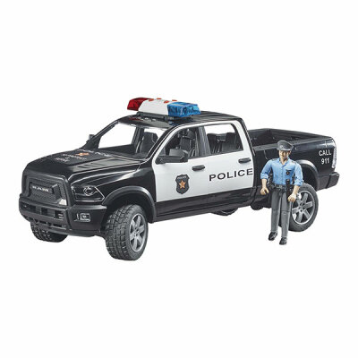 Bruder RAM Polizei Pickup mit Polizist - Licht und Sound Modul, Zusatzlenkstange durch Dachluke, - gefederte Front und Heckachse, - Frontachse lenkbar, 3x Knopfzelle LR44 enthalten, - 17x40x15cm, geeignet für Kinder von 4 bis 8 Jahren