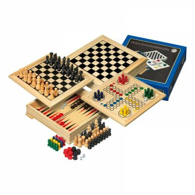 Spielesammlung FSC100% Holz Mini 20x20x5cm - Box aus Kiefeholz mit verschiedenen Spielmöglichkeiten, - Schach, Backgammon, Dame, Würfelspiele, - geeignet ab 6 Jahren