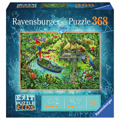 Ravensburger Exit Puzzle 368er Dschungelsafari - Exit Kids, Motiv mit spannender Hintergrundgeschichte, - 1 Lösungsumschlag für das Rätsel, 1 Anleitung