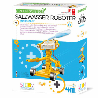 Green Science Set Salzwasser Roboter - Bausets für einen batterielosen, stromfreien Roboter, - funktioniert Wirkung von Aktivkohle und Salzwasser, - Kunststoffbauteile, 2 Carbonblätter, 2 Aluminumblätter, - 2 Stoffblätter, Motor, Tropfer, 2 Schrauben, Ach