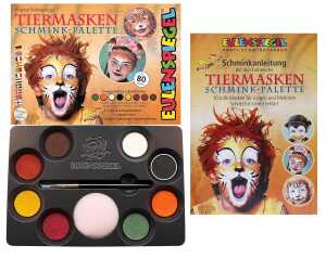 Schminkpalette Tiermasken 8 Farben, Schwamm, Pinsel