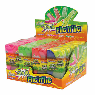 FlicNLic Sour Toggo Erdbeer-Zitrone-Limette - Lolli im Klappmesser-Style mit saurem Fruchtgeschmack - Mit einem "Flip" ist er im Handumdrehen zum Vernaschen - bereit - und genauso schnell ist er verstaut. - In 4 sauren Geschmacksrichtungen