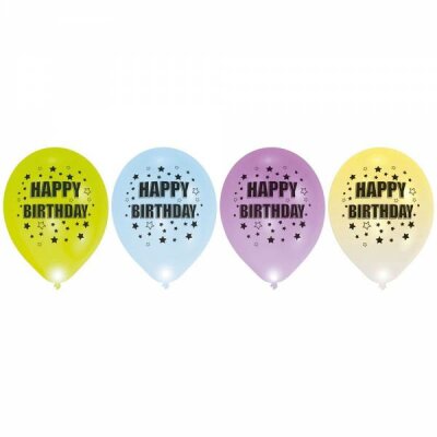 4 Latexballons LED Sterne Happy Birthday, 27,5 cm