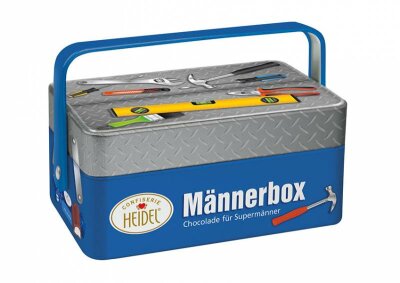 Männerbox Werkzeugkasten gefüllt mit Pralinen 86g - Metalldose, gefüllt mit Chocopralinen mit - Milchcremefüllung, Vollmilchschokolade (Kakao: 30% mind.) - gefüllt mit Milchcreme (40%)