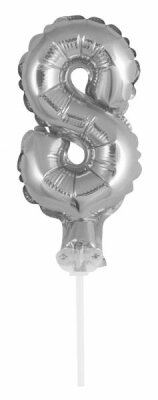 Idena Folienballon 8 silber, mit Stab 13cm