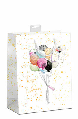 Geschenktasche Ballons Large 26x32x12cm - Happy Birthday Schriftzug mit Goldfolie auf 210g Karton