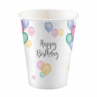 8 Papierbecher, 250 ml Happy Birthday Pastel