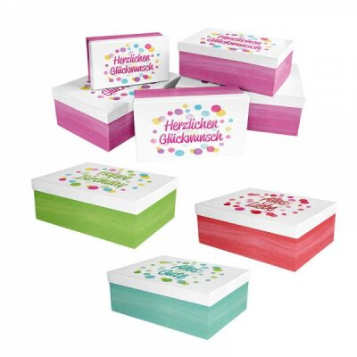 Geschenkboxen 5er Set Wünsche 4fach sortiert - Alles Gute in türkis, Alles Liebe in rot, - Herzlichen Glückwunsch in pink, Happy Birthday in grün, Heku