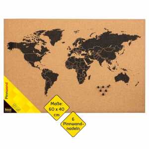 Pinnwand Weltkarte +6 Nadeln, 60x40cm, Kork - Kork Pinnwand
