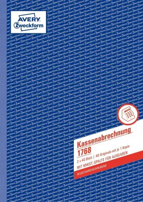 Zweckform 1768 Kassenabrechnung, DIN A4, mit MwSt.-Spalte, 2 x 40 Blatt, weiß, gelb