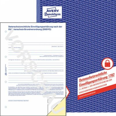 Zweckform Einwilligungserklärung A4 1782 DSGVO - Datenschutz-Grundverordnung, 3x40 Blatt - selbstdurchschreibend, Avery Zweckform