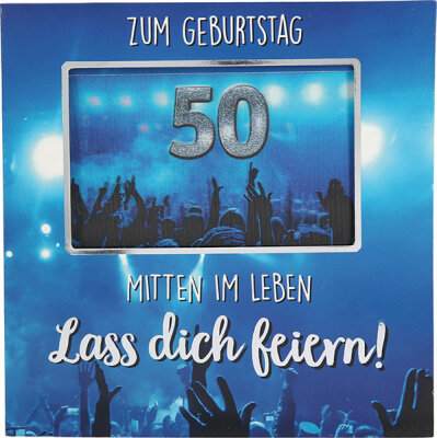 3D Klappkarte mit Musik und Licht Motiv 6 - Zum Geburtstag 50 Mitten im Leben!... - 3 LR54/L1130 Alkali-Mangan Batterien enthalten - Depesche