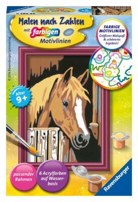 Malen nach Zahlen Bild 85x120mm Pferd im Stall - Ravensburger Bild mit Rahmen Serie F 6 Acrylfarben - ab 9 Jahre