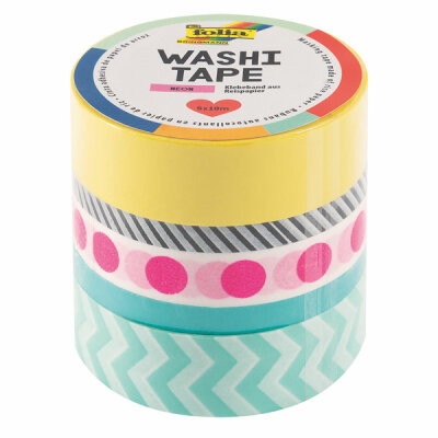 Washi Tapes 10m Neon Pink 5 Motive - Klebeband aus Reispapier, von Hand abreißbar, säurefrei, - 2 Rollen 15mmx10m, 1 Rolle 10mmx10m, 2 Rollen 5mmx10m, Folia