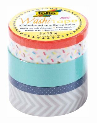 Washi Tapes 10m Neon Orange 5 Motive - Klebeband aus Reispapier, von Hand abreißbar, säurefrei, - 2 Rollen 15mmx10m, 1 Rolle 10mmx10m, 2 Rollen 5mmx10m, Folia