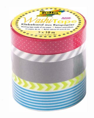 Washi Tapes 10m Neon Gelb 5 Motive - Klebeband aus Reispapier, von Hand abreißbar, säurefrei, - 2 Rollen 15mmx10m, 1 Rolle 10mmx10m, 2 Rollen 5mmx10m, Folia