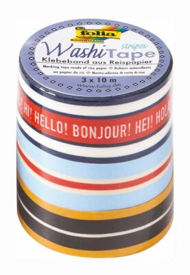 Washi Tapes 10m Strip Classic 3er Set - Klebeband aus Reispapier, von Hand abreißbar, säurefrei, - 1 Rolle 20mmx10m, 2 Rollen 15mmx10m, Folia