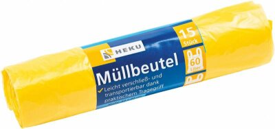 Mülleimerbeutel 60 Liter mit Tragegriff, 15 Stück - 64x65cm, gelb