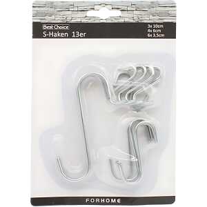 Haken S Form 13 Stk 3 Größen Stahl verchromt 3x10cm, 4x6cm und 6x3,5cm