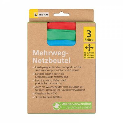 Mehrweg Netzbeutel 3er mit Kordelzug 3 Größen - rot 30x20cm, grün 30x34cm, blau 30x44cm, - wiederverwendbar, Heku