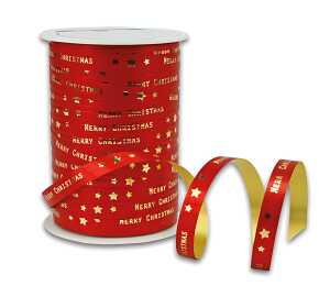 Ringelband 100m x 10mm Merry Christmas rot - mit goldenem Schriftzug,