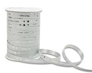 Ringelband 100m x 10mm Merry Christmas weiß - mit silbernem Schriftzug