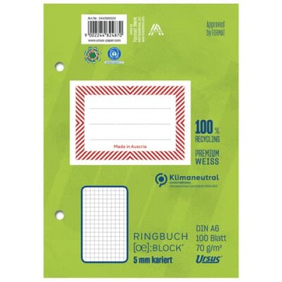 Ursus Green Ringbuchblock - A6, 100 Blatt, 70 g/qm, kariert