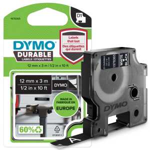 Dymo Schriftband D1 Vinylband 12 mmx3 m weiß auf schwarz