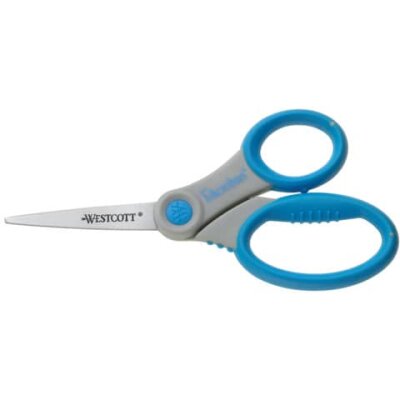 WESTCOTT Schere Microban Softgrip, rostfrei, asymmetrisch, grau/blau, 15,5 cm