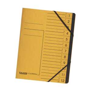 Falken Ordnungsmappe f.A4 Karton 1-12 gelb, 12 Fächer, 2 Gummizüge