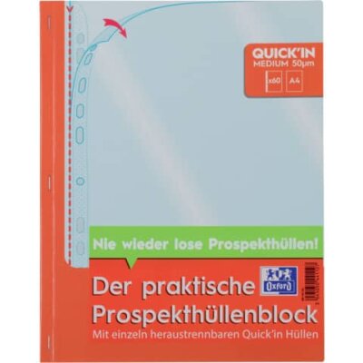 OXFORD Prospekthüllenblock Economy Quick´In A4, PP, 0,05mm, glasklar, blendfrei, dokumentenecht, oben offen (extra weit), 60 Stück