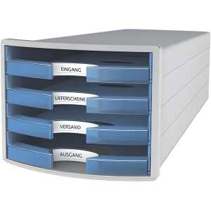 Schubladenbox IMPULS A4/C4, 4 off Schublade lichtgrau/transluzent-blau