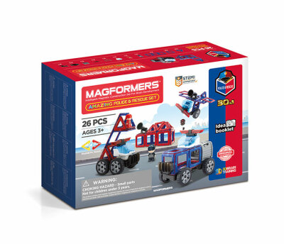 MAGFORMERS  Magformers Einsatzset  Magnetspiel 26 Teile, Amazing Police & Rescue Set, 50in1, 1x Vorlagenheft,, enthält Zubehörteile wie Antenne, Räder, Figur,, zur Förderung der geistigen Entwicklung,, aus Kunststoff mit starken Neodym Magneten, ab 3 Jahr