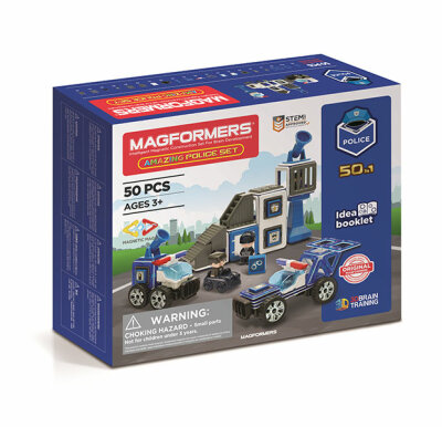 MAGFORMERS  Magformers Polizei Set  Magnetspiel 50 Teile, Amazing Police Set, 50in1, 1x Vorlagenheft,, enthält Zubehörteile wie Antenne, Räder, Figur,, zur Förderung der geistigen Entwicklung,, aus Kunststoff mit starken Neodym Magneten, ab 3 Jahren