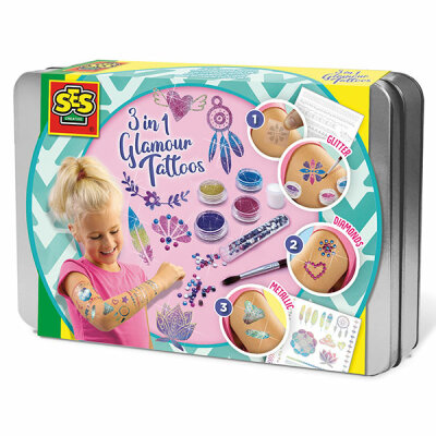 SES DEUTSCHLAND  SES Glamour Tattoos 3in1  Kreativset, metallische Tattoos, Tattoos mit Glitzerstaub, Glitzer in 4, Farben, Pinsel, Hautklebestoff, Glitzersteine, Anleitung,, Luxus-Vorratsdose, ab 5 Jahren