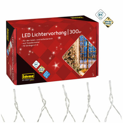 IDENA  Idena Lichtervorhang  300 LED 3mx3m warmweiss, 8h Timer, für Innen und Außen, Lampenabstand 10cm,, Zuleitung 5m