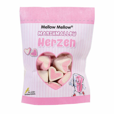 Iden-Berlin  Marshmallow Herzen  125g, bunte Marshmallow-Herzen verschiedener Geschmacksrichtungen,, im wiederverschließbaren Standbeutel, Mellow Mellow