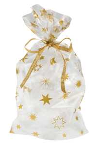 Bodenbeutel PP 10er 18x30cm goldene Sterne, transparent mit Golddruck