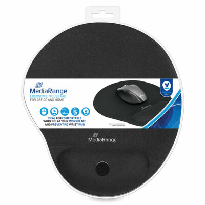 MEDIARANGE  Mousepad Gel  schwarz, ergonomisch geformtes Mauspad mit Handgelenkauflage,, Gelfüllung passt sich optimal an das Handgelenk an,, rutschfeste, gummibeschichtete Unterseite,, belastbare Stoffoberfläche, MediaRange