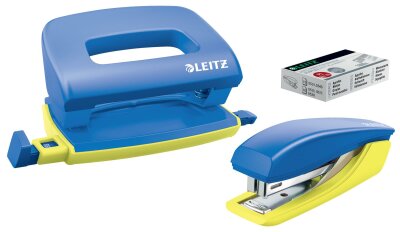 LEITZ ACCO  Set Locher und Heftgerät  Urban Chic blau gelb 3-teilig bestehend aus je einem Locher 5058 Heftgerät 5517 und einer Schachtel Heftklammern 5577 in Blisterverpackung