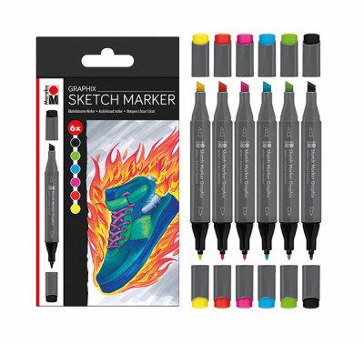 MARABU  Sketch Marker Graphix  6er Set Heat, 6 farbige Stifte mit Doppelspitze,, 1-7mm Keilspitze und 1mm Konturenspitze,, hochwertige, geruchsarme, schnelltrocknende,, alkoholbasierte Tinte, ideal für Illustrationen, Skizzen,, Reinzeichnungen, und vieles