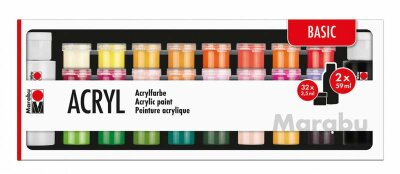 MARABU  Acrylfarben 34er Set  Basic 32x 3,5ml 2x 59ml, Inhalt: 3,5ml elfenbein, zitronengelb, azogelb mittel,, mandarine, brillantorange, rotorange, bernstein,, scharlachrot, orientrot, burgunder, puder, apricot,, rosa, rosenquarz, magenta, flieder, mauve